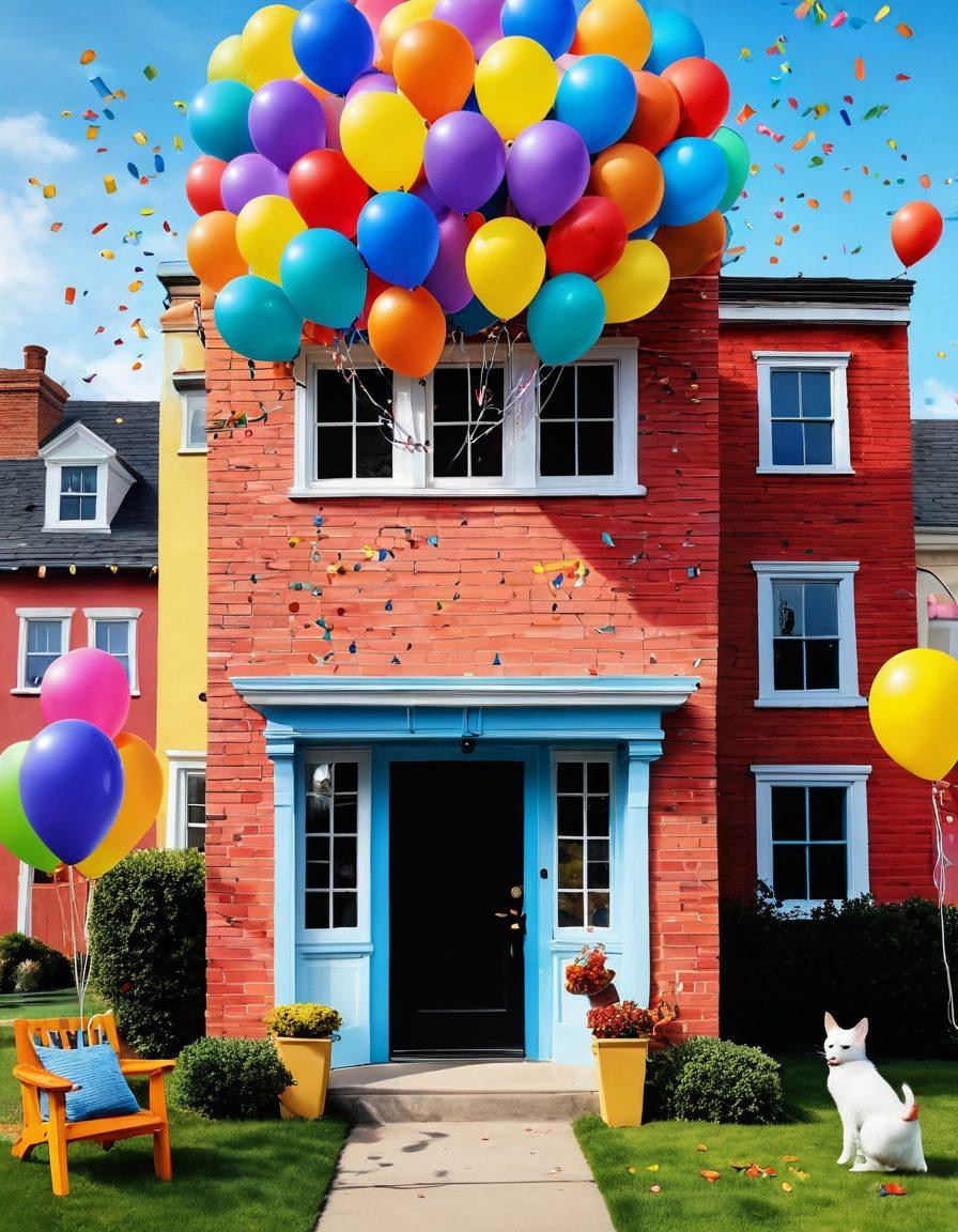 A whimsical collection of greeting cards displayed in a vibrant, festive setting, showcasing various hilarious designs featuring quirky characters, puns, and vibrant colors. The scene includes playful elements like balloons and confetti, with a cozy backdrop that hints at a cheerful home environment. Include one card being 'opened' with animated laughter depicted around it. cartoonish. bright colors. dynamic perspective.