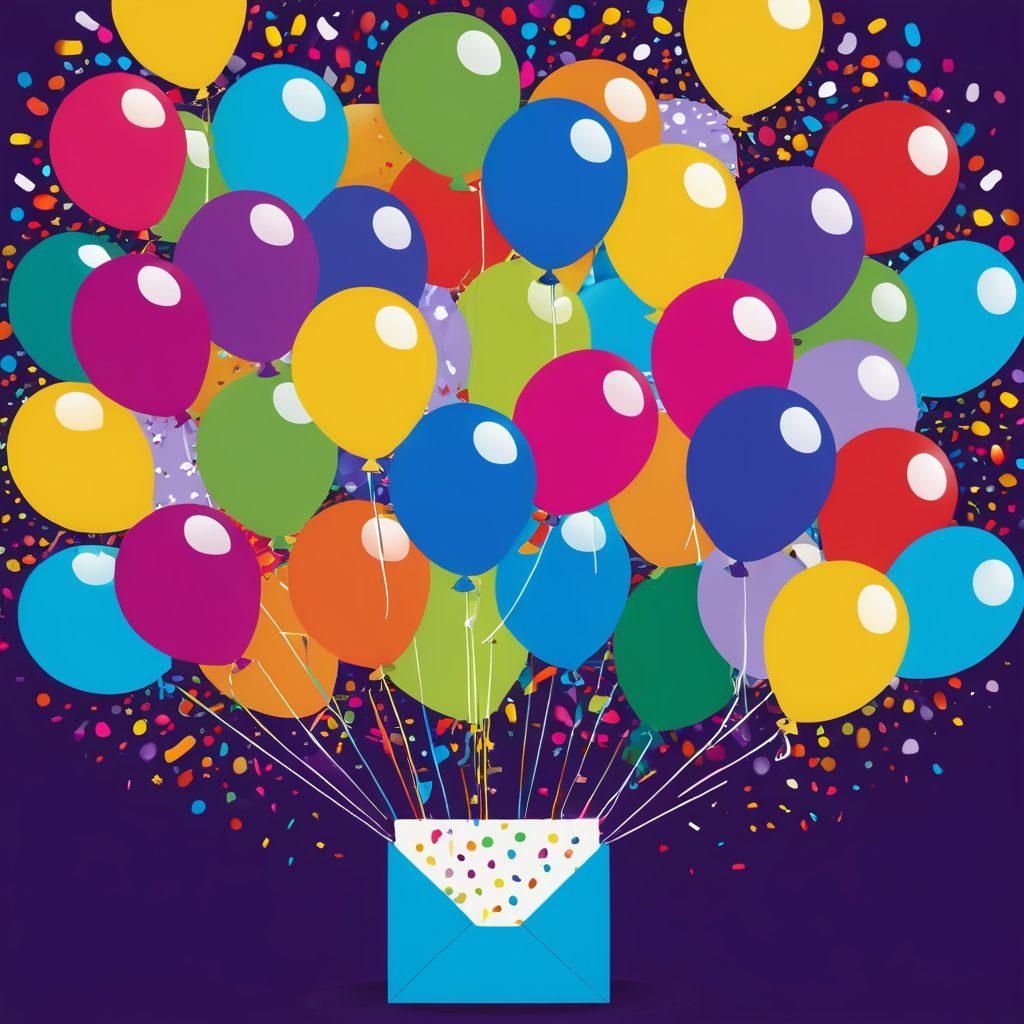 A whimsical display of unique greeting cards, each showcasing humorous messages in colorful, playful fonts. Background filled with cheerful designs like balloons and confetti, a light-hearted atmosphere that invites laughter. One card slightly open, revealing a funny surprise inside. Soft, warm lighting to enhance the joyful vibe. vector art. vibrant colors.